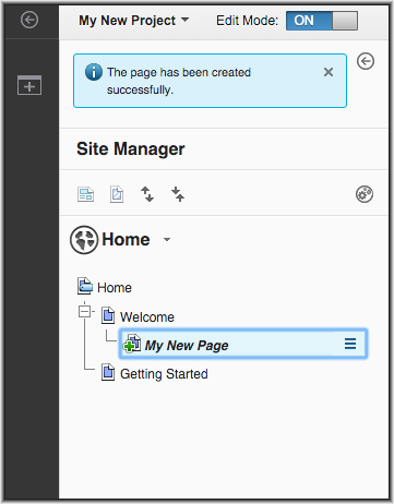 This screen capture shows the new page in the Site Manager tree view.